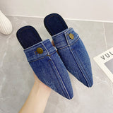 Denim Cloth Flat Bottom Baot Slippers Women Wearing Large-Size Pointed Mule Half-Dragging Single Shoes