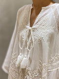 Solid Long Dress Women Loose Embroidered White Dress Female V Neck Lace Up Dress Ladies Elegant Beach Dress