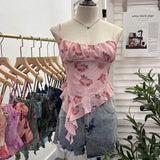 Shoot 辣tie Bra Irregular Sling Sling Vest Slimming Print Mesh Sleeveless Top