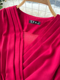 Draped Long Dress Women Elegant V-Neck Puff Sleeve High Waist Pleated A-Line Party Vestidos Female Spring