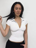 Style Collar Buckle V-Neck Spliced Chest-Type Umbilled T-Shirt Hottie Temperament Female Casual