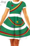 Print Women Christmas Dress Short Sleeve High Waist Big Swing Vintage Xmas Party Sundress Casual Robe