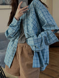 Long-Sleeved Lake Blue Plaid Shirt For Women's Summer New Retro Loose Niche Lazy Sunscreen