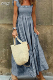 Strap Dress Women Summer Plaid Boho Long Dress Ldies Elegant Square Collar Maxi Beach A-line Sleeveless Dress