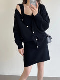 Zingj New Loose Solid Color Sweater Cardigan Package Buttock Vest Skirt Suit In The Long Sweater Two Sets Of Women-Outfit