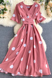 Women Polka Dot Midi Dress Vintage V-Neck Short Flare Sleeve Bandage A-Line Vestidos Female Casual Robe New