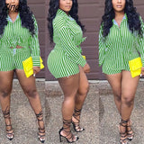 Fashion Sporting Women set Striped Print Button Shirt Top Skinny Shorts Suit Two Piece Set Elegant