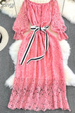 Autumn Vintage Women Hollow Out Lace Party Dress Sexy Slash Neck Off Shoulder Lantern Sleeve High Waist Vestidos 2023