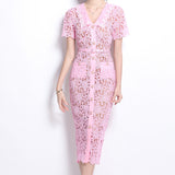 Scented Dress Woman Summer Famous Doll Collar Short Sleeve Nail Bead Single Buckle Repair Slim Thin Lace Hook