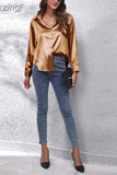 Fashion Button Up Satin Silk Shirt Youth Woman Blouses Cheap and Pretty Blouses Satin Luxury Shirt OL Female