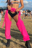 Women Buckles Bottomless Pants High Waist Cargo Trousers Crothchless Color Block Boggy Trousers Long Rave