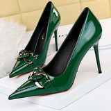 Shoes Metal Button Woman Pumps Patent Leather High Heels Luxurious Sexy Party Shoes Stiletto Heels Ladies Large Size
