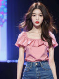 Leaf Side Pink Short-Sleeved Shirt Women 2025 Summer New Temperament Super Fairy Square Shirt French