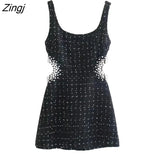 Women Sexy Waist Hollow Out Pearl Appliques Tweed Woolen Slim Mini Dress Female Chic Back Zipper Sling Vestidos