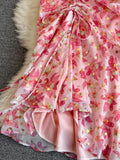 Vintage Women Pink Floral Printed Mermaid Bodycon Dress Female Elegant V-Neck Short Sleeve Draw String Vestidos