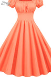 Women Dress Sexy Puff Sleeve Casual Vintage Pin Up Party Dress Solid Elegant Midi
