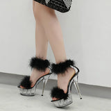 Zingj Model High Heels Fine Heel Sexy Black Waterproof Platform Hate Sky Superb High Heel Fur Sandals Female