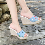 New Thick Bottom Slope With Cloth Face A Word Female Cool Slippers Mature Fashion Casual Large Size High Heel