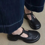 New Retro Simple Round Head Thick-Soled Mary Treasure Shoes Lady Commute Black Small Leather Shoes Single