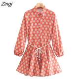 Women Vintage Totem Geometric Print Big Swing Ruffles Mini Shirt Dress Office Ladies Chic Lace Up Sashes Vestidos