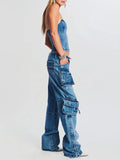Zingj 2024 New Fashion High Street Design Sense Pocket Stitching Tooling Wind High Waist Straight Tube Denim Warehouse Pants
