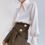 Vintage Satin Silk Women Shirt Turn Down Collar Woman Loose Blouse White Long Sleeve Shirts Blusas Office Lady Tops