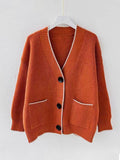 Temperament V-Neck Long-Sleeved Open-Shirted Women's Sweater Bump-Colored Bag Side With Pocket Casual