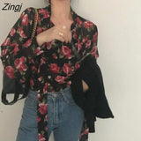 Women Retro Floral Chic Spring Fall Fashion Korean Ladies Blusas Mujer Lace-up Design Soft Female Long Sleeve Top