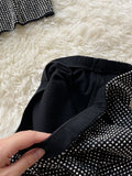 Shiny Diamonds Decor Women Two Piece Set Black Stand Collar Sleeveless Short Tops + High Waist Pencil Pants Suit