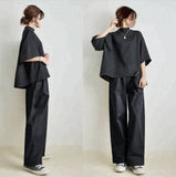 And South Korea In The Spring And Summer New Temperament Loose Sleeve Top + Loose Broad Leg Pants Two Sets Of