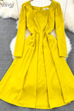 Vintage Women Square Collar Midi Dress Elegant Green/Pink/Red High Waist Slim Draped Big Swing Vestidos Female Robe