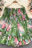Slash Neck Spaghetti Strap Mini Chiffon Dress Women Summer Vacation Beach Flare Long Sleeve Ruffle Blue/Green Vestidos