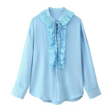 Women's Summer Folding V-Neck Folding Collar Trim With Chiffon Long-Sleeved Shirt Skirt
