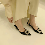 Side Buckle Water Drill Sandals Women Sandals Green Wild Fairy Fine Heel Low Heel French High-End Heel With Working