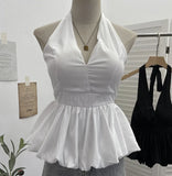 Retro Hanging Neck Tie With Bare Back Sling Skirt Folded Short Sleeveless Top Woman