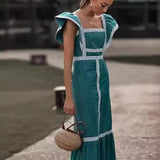 Women's Clothing Explosion Square Collared Color Splicing Dress Fashion Thin
