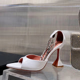 New European and American Peep Toe Chain Rhinestone Genuine Leather Pointed High Heels Sandals Summer