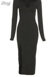 Elegant Solid Black Halter Maxi Dress for Women Sexy Cleavage High Side Slit Slim Long Prom Dress Party