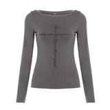 Cross Print Slant Shoulder Repair T-Shirt Woman 2025 Old Old Feeling New