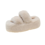 Double With Fur Thick Bottom Slippers Women Autumn And Winter Double One-Word Slope And Warm Cotton Slippers