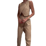 Zingj Summer New Solid Color Round Collar Button Top Temperament Straight Pants Suit Women-Outfit