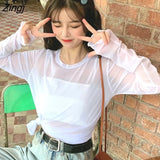 Women Solid See-through Mesh Sexy Sunscreen Sweet Hot Sale 2XL Summer 2020 New Womens Long Sleeve Femme Tops