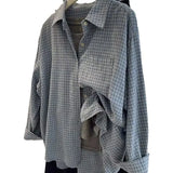 Version Of The Retro Grinding Blue Plaid Long-Sleeved Shirt Women 2025 Spring And Autumn New Loose Lazy Wind Outside The