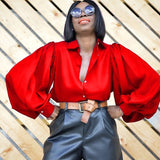 Loose Lady Sexy Tops Lantern Sleeve Vintage Silk Shirt Women Single-breasted Backless Satin Blouse Women Blusas New