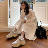 Women Dress Long Sleeve Spring Autumn Vintage Designer Collar Lapel Button Up Ruched Ruffles Cotton White Dresses Female