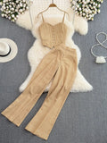 Sexy Striped 2Pcs Set Elegant Single Breasted Strap Camis Tops + High Waist Pants Casual Two Pieces Suits Female New