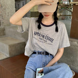 Zingj Round Collar Short Sleeved T Shirt Female 2024 Summer Letter Print Loose Short Vintage Student Jacket