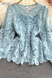 Vintage Red/White/Pink Hollow Out Lace Blouse Women Elegant Lantern Long Sleeve Single Breasted Tops Female Blusas