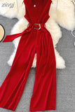 Vintage V-Neck Sleeveless High Waist Jumpsuits Women Elegant Loose Wide Leg Romper With Sashes Female Playsuits New