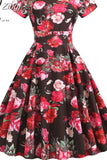 Floral Print Elegant A-line Party Dress Women Slim White Short Sleeve Swing Pin up Vintage Dresses Robe